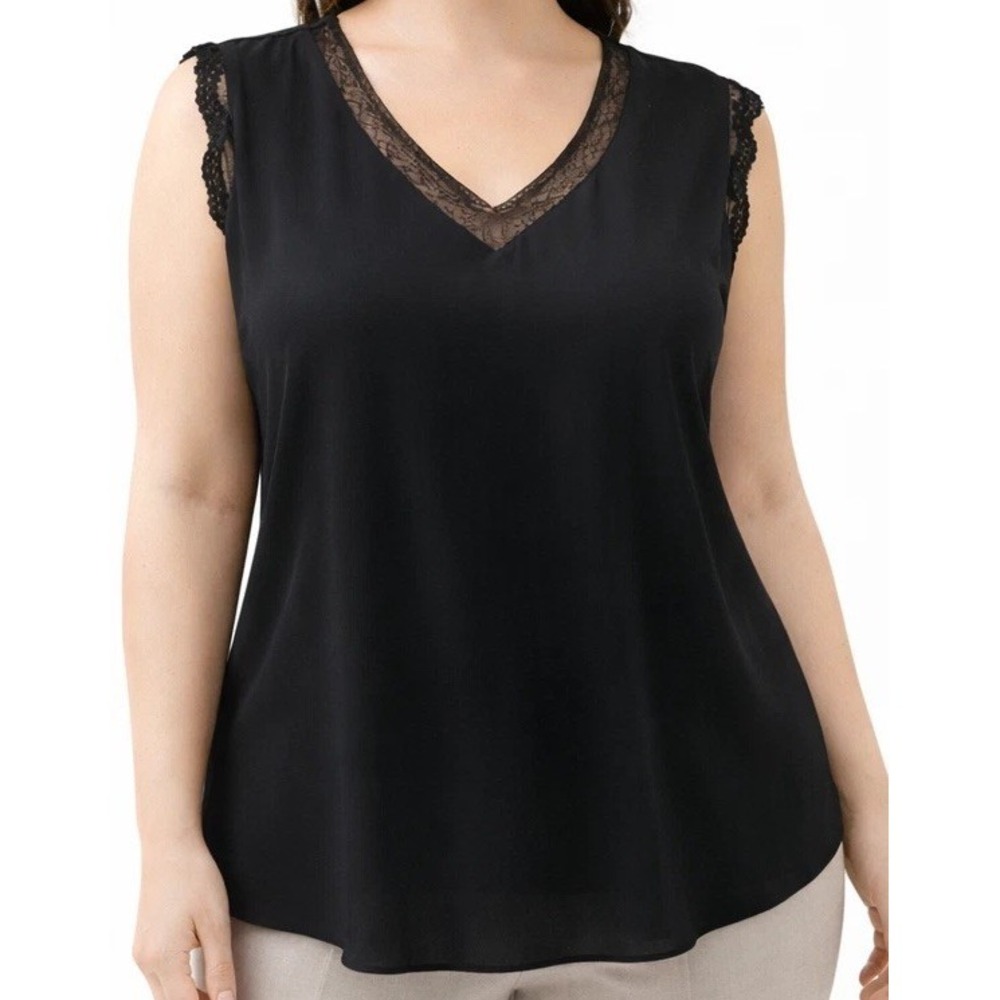 Daniel Rainn Black Lace Trim Sleeveless Blouse XL V Neck Career Office Top - Picture 3 of 13